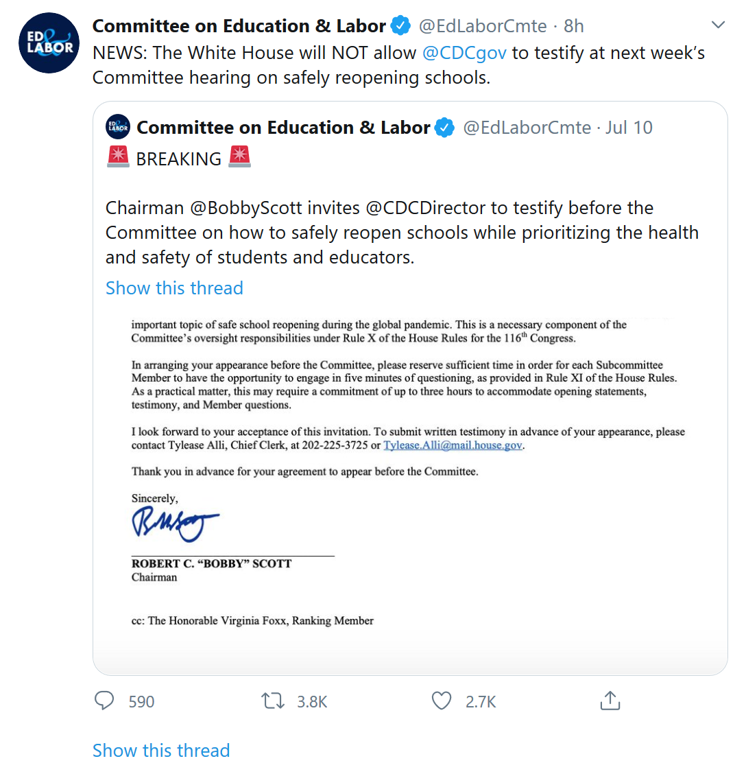 Screenshot_2020-07-18 Committee on Education Labor on Twitter NEWS The White House will NOT allow CDCgov to testify at next[...].png
