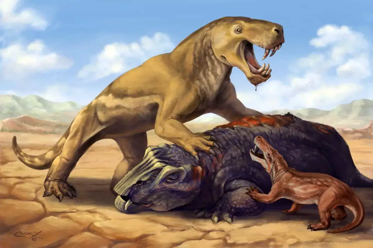 Giant-Gorgonopsian-Inostrancevia-With-Dicynodont-Prey.webp