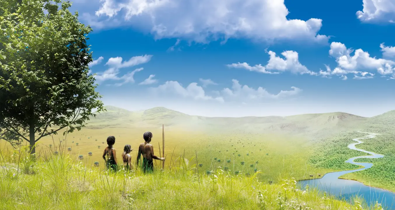 Artist-Illustration-of-Hominins-Arriving-in-a-Multi-Biome-Mosaic-Landscape-2048x1091.webp