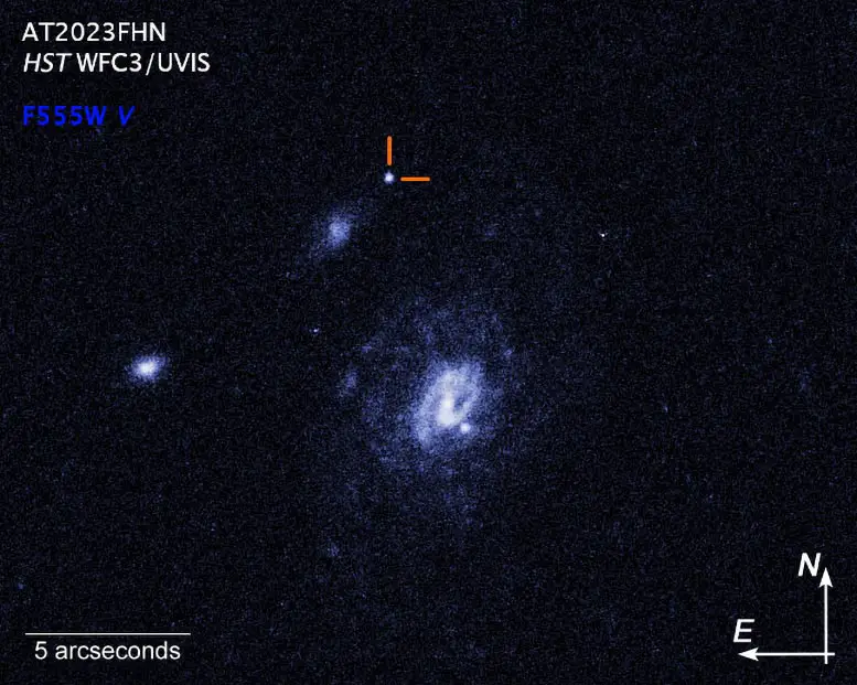 Hubble-Views-Bright-Outburst-Far-From-Galaxies-Compass-Image.webp