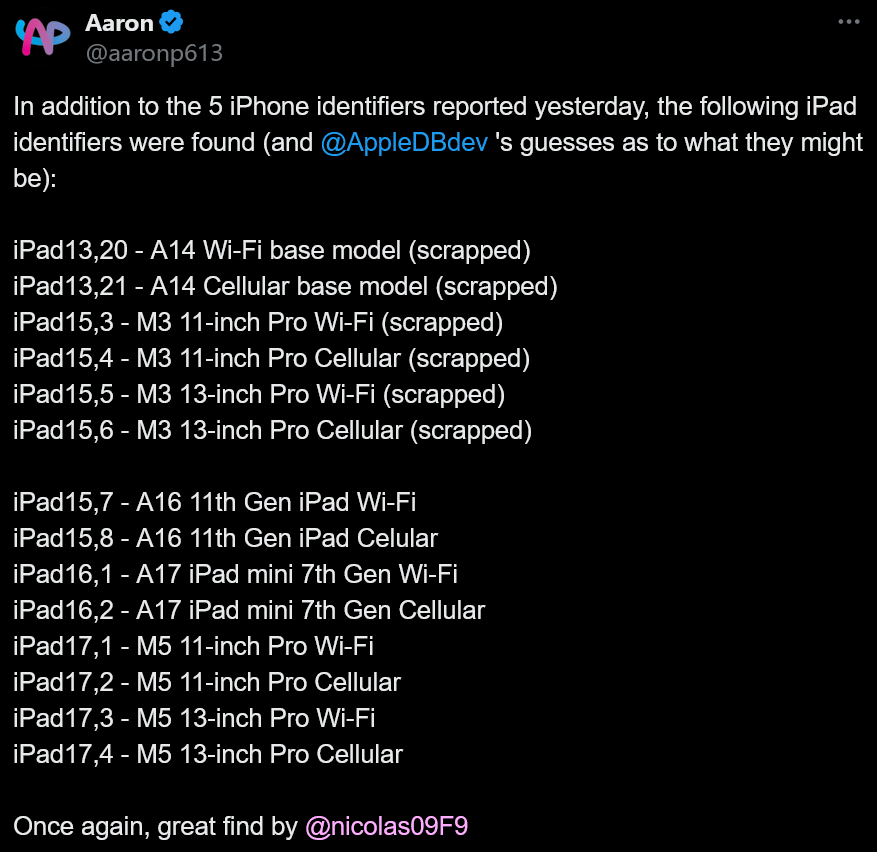 Screenshot 2024-07-08 at 07-18-30 X 上的 Aaron：“In addition to the 5 iPhone identifiers reported yesterday the following iPad identifiers were found (and @AppleDBdev 's guesses as to what [...].png