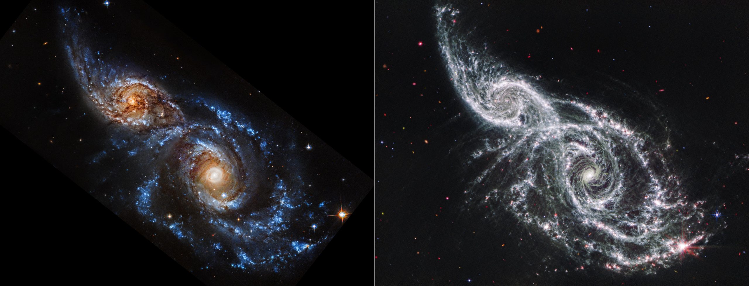 Galaxies-IC-2163-and-NGC-2207-Hubble-and-Webb-Images-Side-by-Side-scaled.jpg