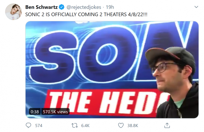 Screenshot_2020-07-25 Ben Schwartz on Twitter SONIC 2 IS OFFICIALLY COMING 2 THEATERS 4 8 22 https t co Xpci0HzK5d Twitter.png